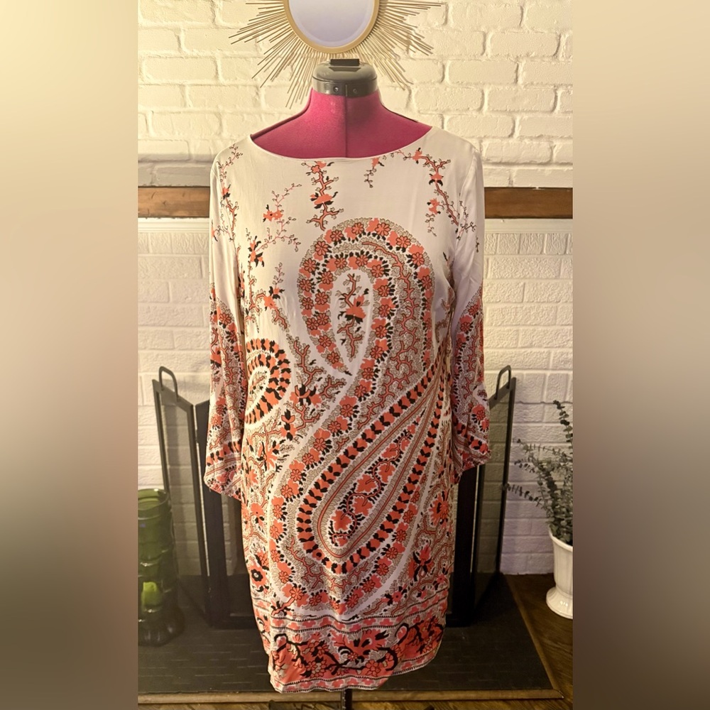 EUC Old Navy Orange Paisley Print Long Sleeve Sheath Dress Lined Women’s Large